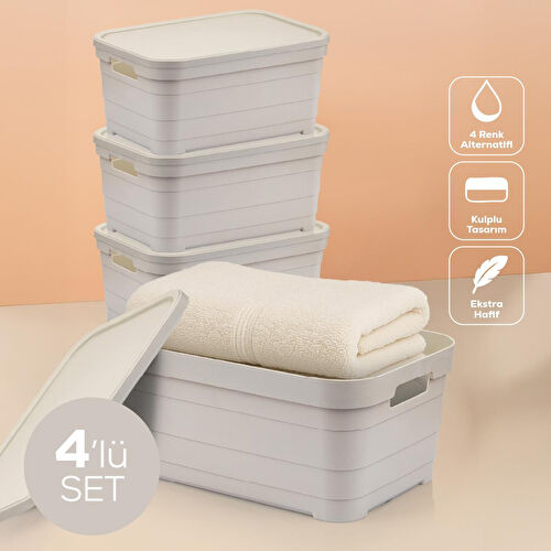 Vienev 4'lü Kapaklı 10,8 Litre Saklama Kutusu Bej