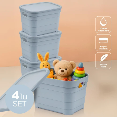 Vienev 4'lü Kapaklı 5 Litre Saklama Kutusu Mavi
