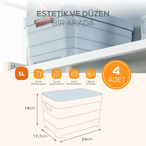 Vienev 4'lü Kapaklı 5 Litre Saklama Kutusu Mavi