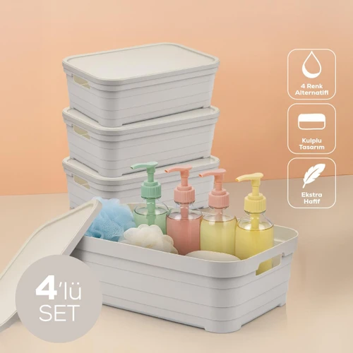 Vienev 4'lü Kapaklı 8,2 Litre Saklama Kutusu Bej