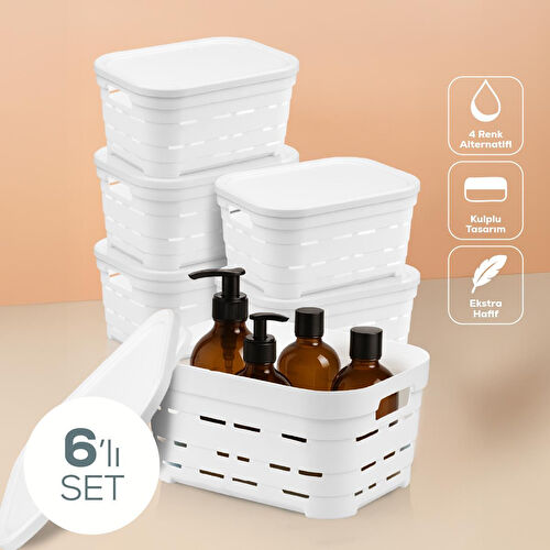 Vienev 6'lı Kapaklı 3,8 Litre Delikli Saklama Kutusu Beyaz