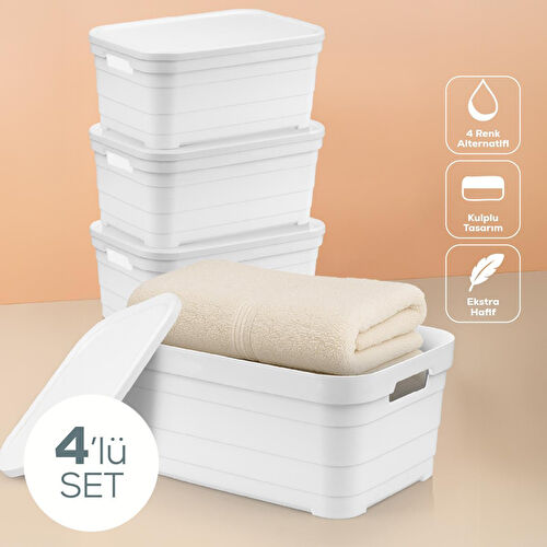 Vienev 4'lü Kapaklı 10,8 Litre Saklama Kutusu Beyaz