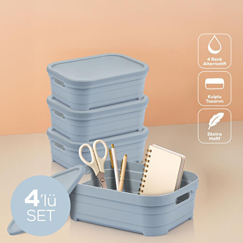 Vienev 4'lü Kapaklı 2,8 Litre Saklama Kutusu Mavi