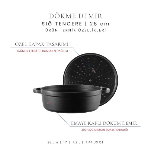 Voeux Kitchenware Elegance Siyah Sığ Döküm Tencere 28 Cm