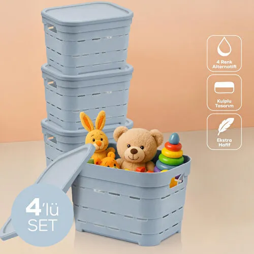 Vienev 4'lü Kapaklı 5 Litre Delikli Saklama Kutusu Mavi