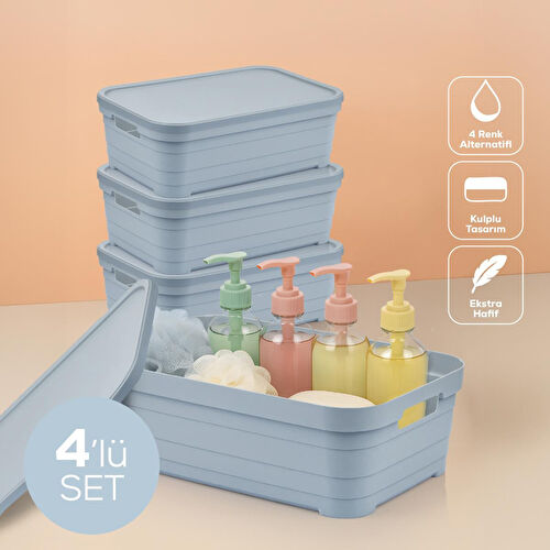 Vienev 4'lü Kapaklı 8,2 Litre Saklama Kutusu Mavi