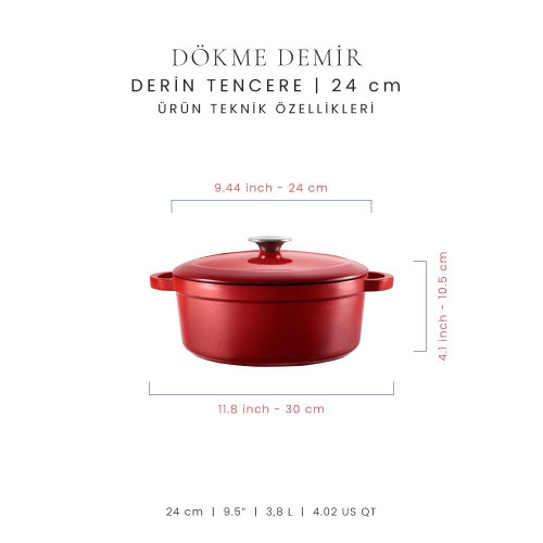 Voeux Kitchenware L'amour Kırmızı Derin Döküm Tencere 24 Cm