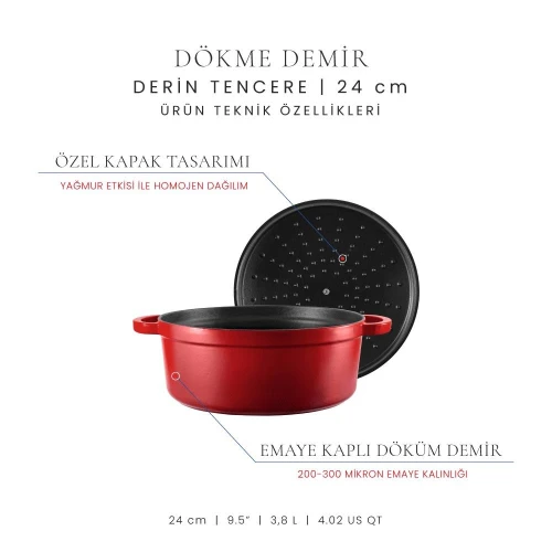 Voeux Kitchenware L'amour Kırmızı Derin Döküm Tencere 24 Cm