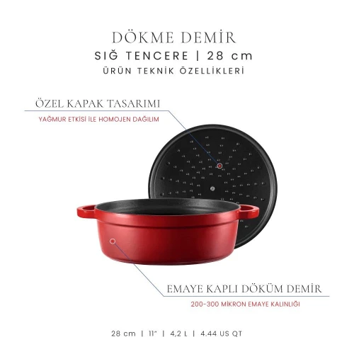 Voeux Kitchenware L'amour Kırmızı Sığ Döküm Tencere 28 Cm