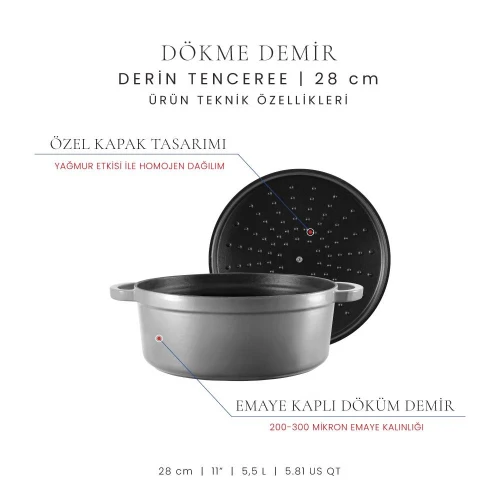Voeux Kitchenware Gracieuse Gri Derin Döküm Tencere 28 Cm