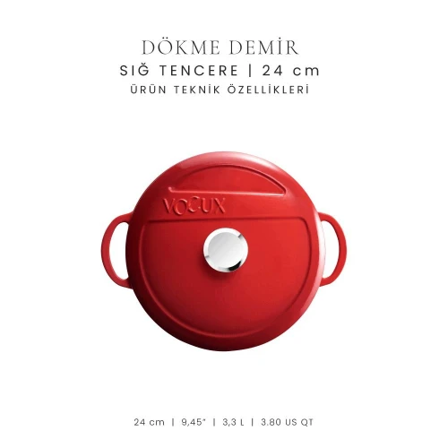 Voeux Kitchenware L'amour Kırmızı Sığ Döküm Tencere 24 Cm