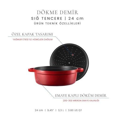Voeux Kitchenware L'amour Kırmızı Sığ Döküm Tencere 24 Cm