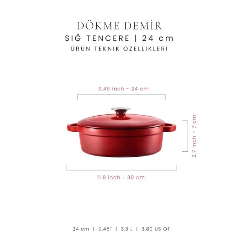 Voeux Kitchenware L'amour Kırmızı Sığ Döküm Tencere 24 Cm