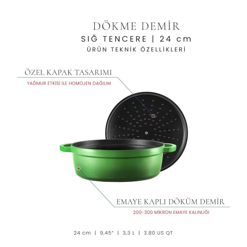 Voeux Kitchenware Forêt Yeşil Sığ Döküm Tencere 24 Cm