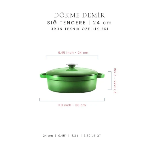 Voeux Kitchenware Forêt Yeşil Sığ Döküm Tencere 24 Cm