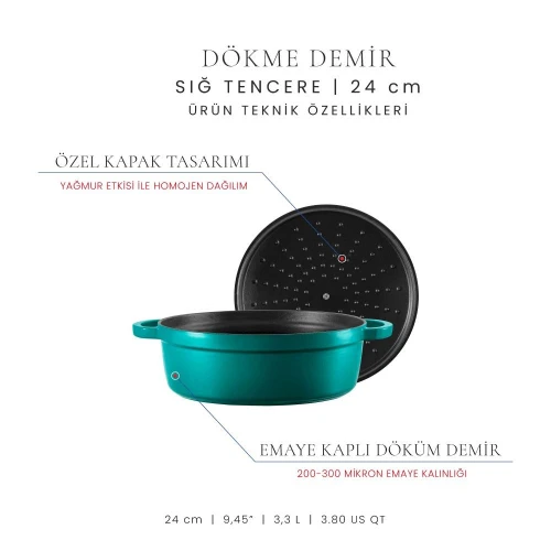 Voeux Kitchenware Profond Turkuaz Sığ Döküm Tencere 24 Cm