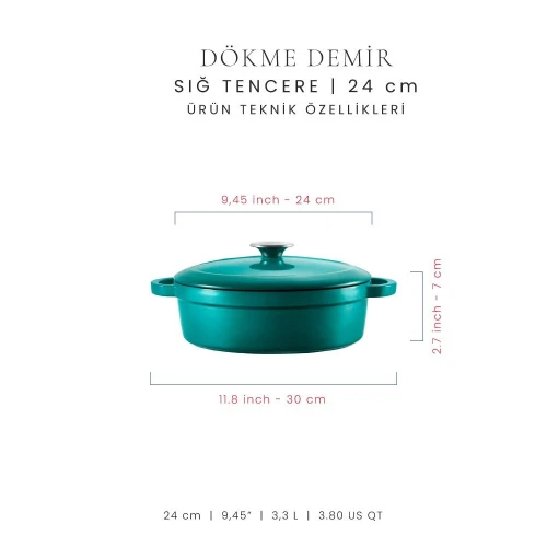 Voeux Kitchenware Profond Turkuaz Sığ Döküm Tencere 24 Cm
