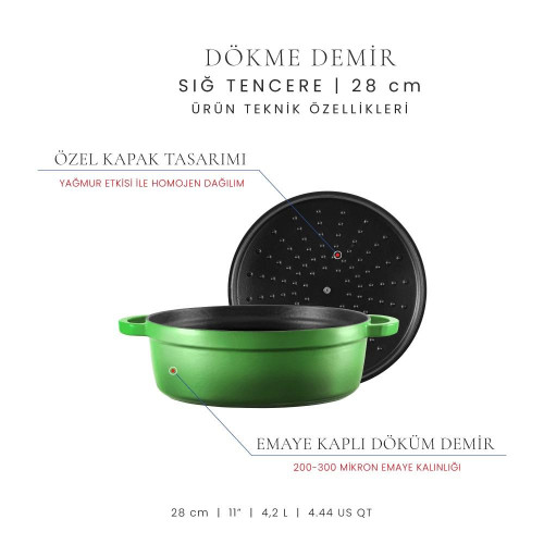 Voeux Kitchenware Forêt Yeşil Sığ Döküm Tencere 28 Cm