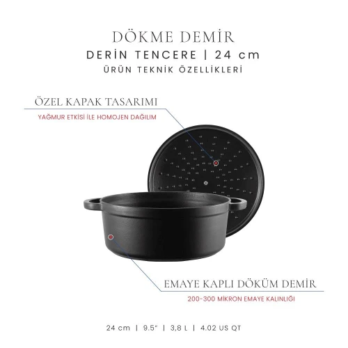 Voeux Kitchenware Elegance Siyah Derin Döküm Tencere 24 Cm