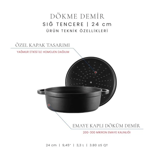 Voeux Kitchenware Elegance Siyah Sığ Döküm Tencere 24 Cm