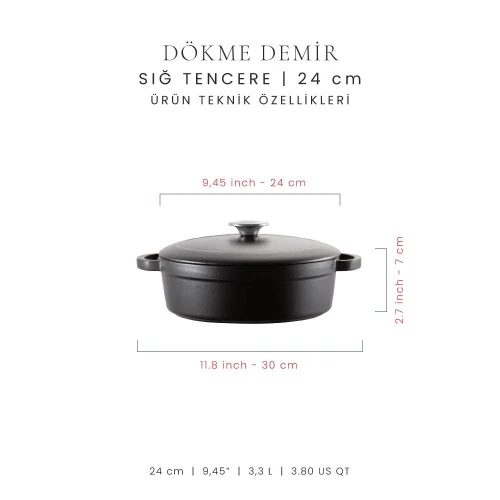 Voeux Kitchenware Elegance Siyah Sığ Döküm Tencere 24 Cm