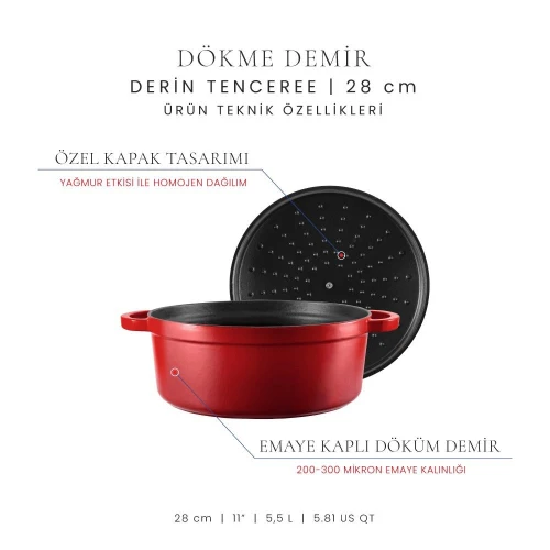 Voeux Kitchenware L'amour Kırmızı Derin Döküm Tencere 28 Cm