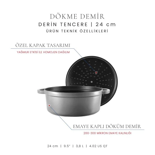 Voeux Kitchenware Gracieuse Gri Derin Döküm Tencere 24 Cm