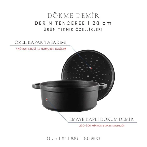 Voeux Kitchenware Elegance Siyah Derin Döküm Tencere 28 Cm
