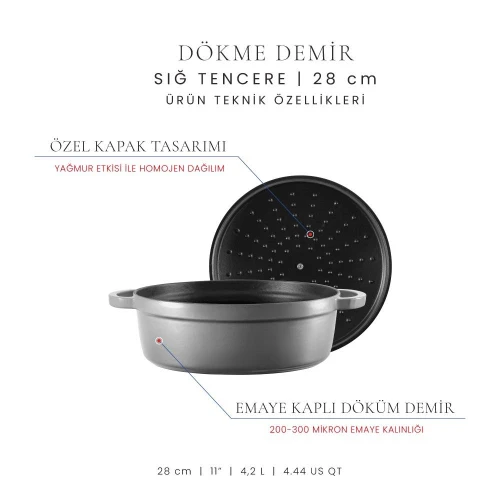 Voeux Kitchenware Gracieuse Gri Sığ Döküm Tencere 28 Cm
