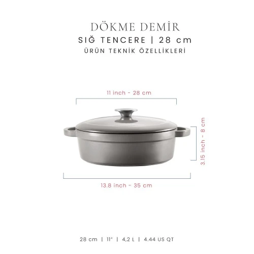 Voeux Kitchenware Gracieuse Gri Sığ Döküm Tencere 28 Cm