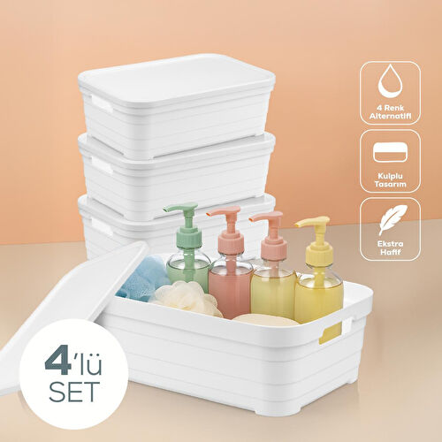 Vienev 4'lü Kapaklı 8,2 Litre Saklama Kutusu Beyaz