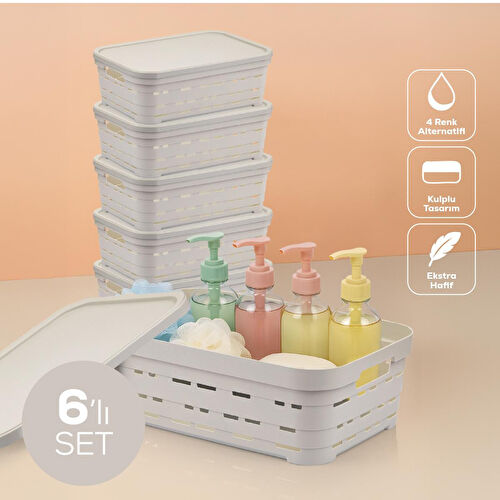 Vienev 6'lı Kapaklı 8,2 Litre Delikli Saklama Kutusu Bej