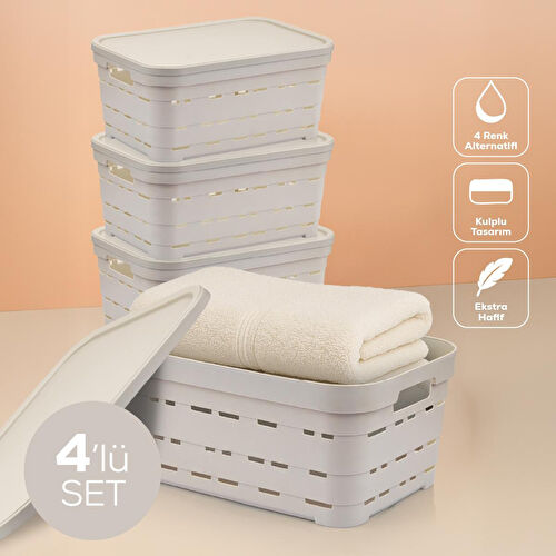 Vienev 4'lü Kapaklı 10,8 Litre Delikli Saklama Kutusu Bej