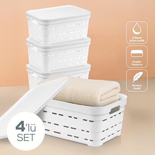 Vienev 4'lü Kapaklı 10,8 Litre Delikli Saklama Kutusu Beyaz