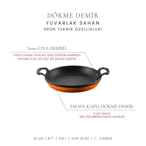 Voeux Kitchenware Amusant Turuncu Yuvarlak Döküm Sahan Ve Ahşap Nihale 22 Cm