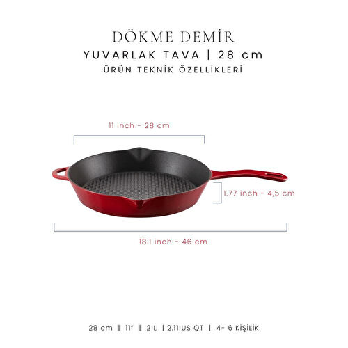 Voeux Kitchenware L'amour Kırmızı Yardımcı Kulplu Döküm Tava 28 Cm