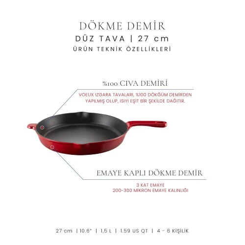 Voeux Kitchenware L'amour Kırmızı Döküm Düz Tava 27 Cm