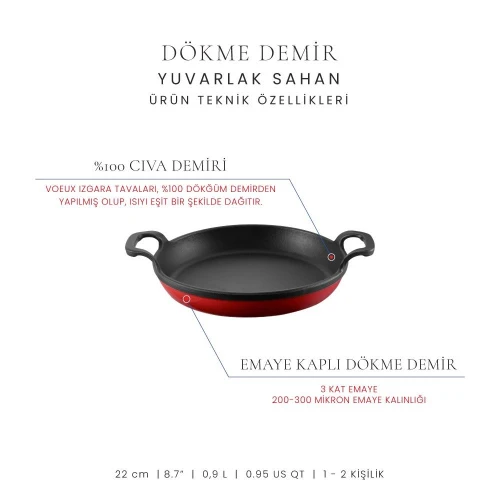 Voeux Kitchenware L'amour Kırmızı Yuvarlak Döküm Sahan Ve Ahşap Nihale 22 Cm