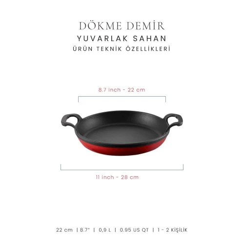 Voeux Kitchenware L'amour Kırmızı Yuvarlak Döküm Sahan Ve Ahşap Nihale 22 Cm