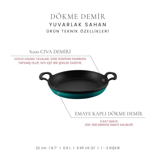 Voeux Kitchenware Profond Turkuaz Yuvarlak Döküm Sahan Ve Ahşap Nihale 22 Cm