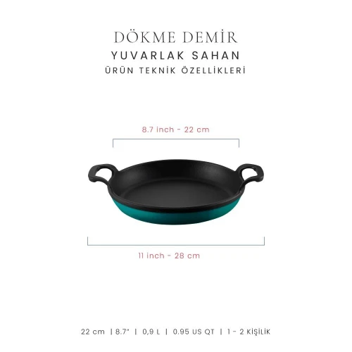 Voeux Kitchenware Profond Turkuaz Yuvarlak Döküm Sahan Ve Ahşap Nihale 22 Cm