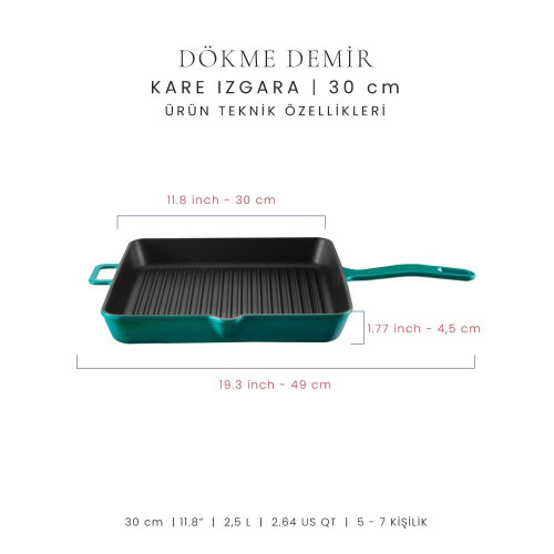 Voeux Kitchenware Profond Turkuaz Döküm Kare Izgara Tava 30 Cm