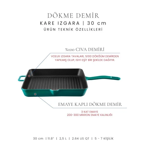 Voeux Kitchenware Profond Turkuaz Döküm Kare Izgara Tava 30 Cm