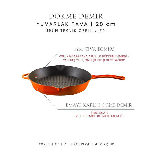 Voeux Kitchenware Amusant Turuncu Yardımcı Kulplu Döküm Tava 28 Cm
