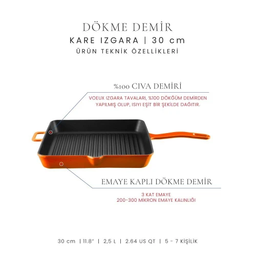Voeux Kitchenware Amusant Turuncu Döküm Kare Izgara Tava 30 Cm