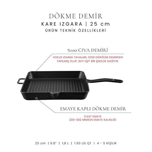 Voeux Kitchenware Elegance Siyah Döküm Kare Izgara Tava 25 Cm