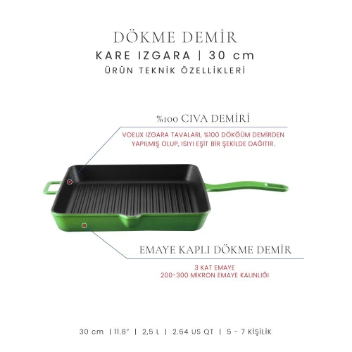 Voeux Kitchenware Forêt Yeşil Döküm Kare Izgara Tava 30 Cm