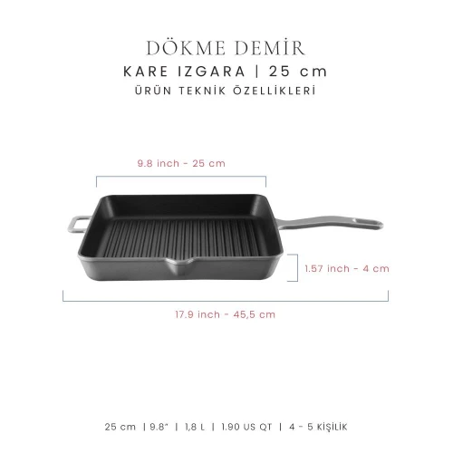 Voeux Kitchenware Gracieuse Gri Döküm Kare Izgara Tava 25 Cm