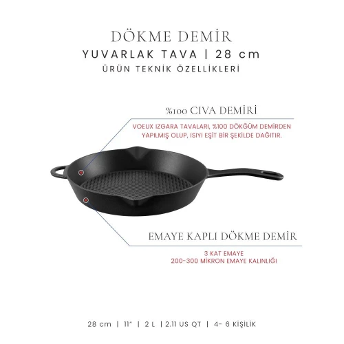 Voeux Kitchenware Elegance Siyah Yardımcı Kulplu Döküm Tava 28 Cm