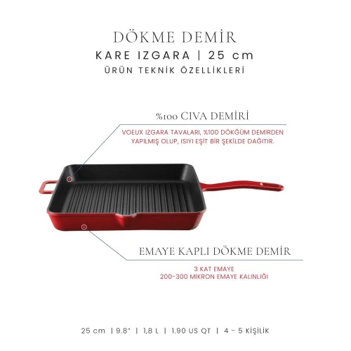 Voeux Kitchenware L'amour Kırmızı Döküm Kare Izgara Tava 25 Cm
